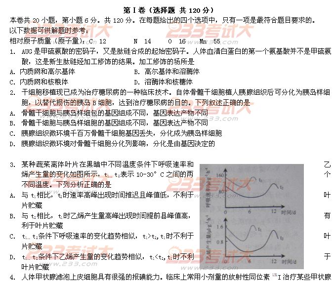 2011安徽高考理綜答案